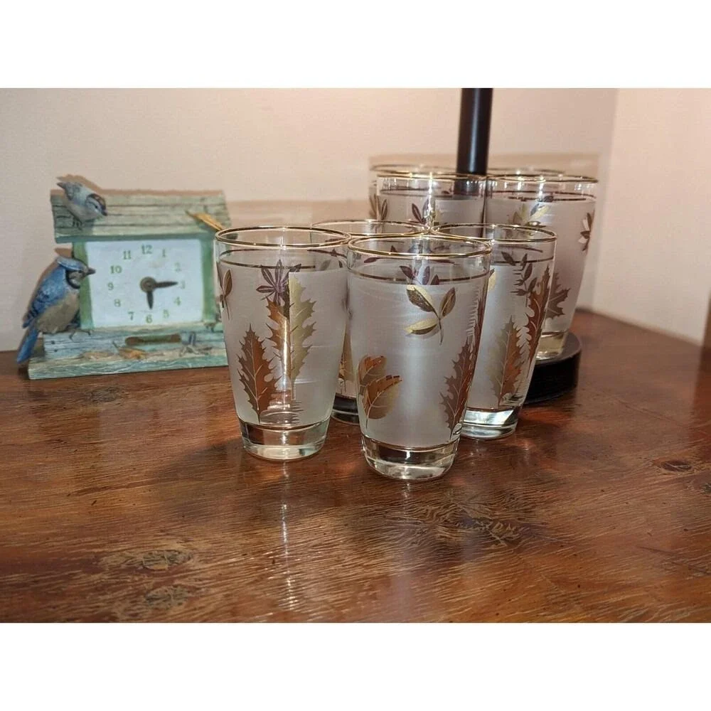 Vintage‎ MCM Gold Leaf Libbey Frosted Tumblers Set of 4 Cocktail Glasses